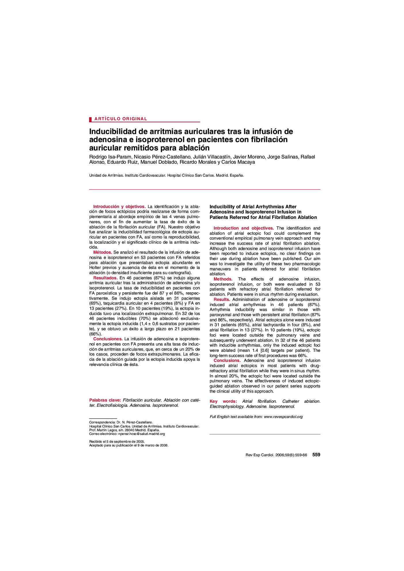 Inducibilidad de arritmias auriculares tras la infusión de adenosina e isoproterenol en pacientes con fibrilación auricular remitidos para ablación