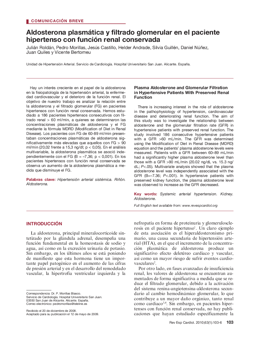 Aldosterona plasmática y filtrado glomerular en el paciente hipertenso con función renal conservada