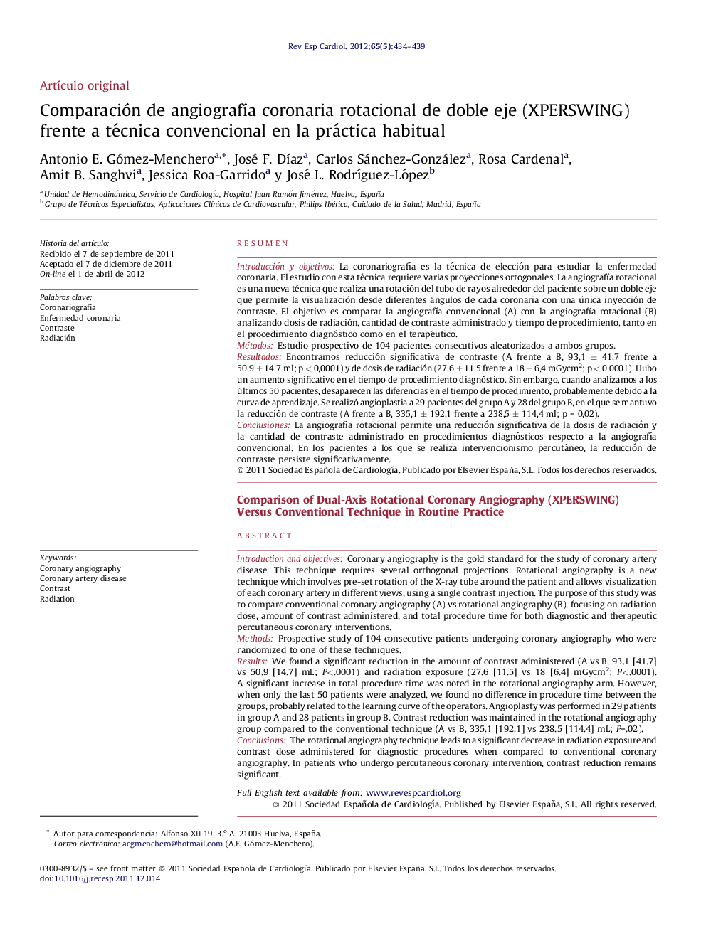 Comparación de angiografía coronaria rotacional de doble eje (XPERSWING) frente a técnica convencional en la práctica habitual