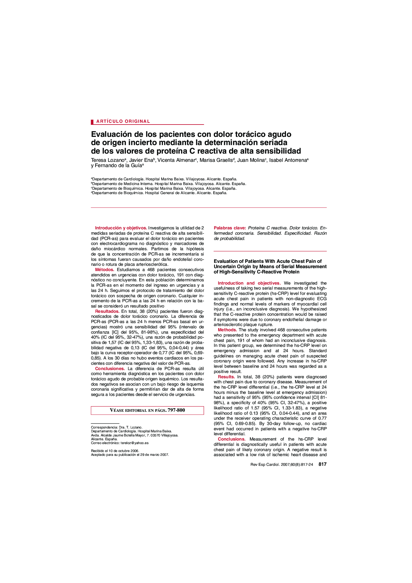 Evaluación de los pacientes con dolor torácico agudo de origen incierto mediante la determinación seriada de los valores de proteÃ­na C reactiva de alta sensibilidad