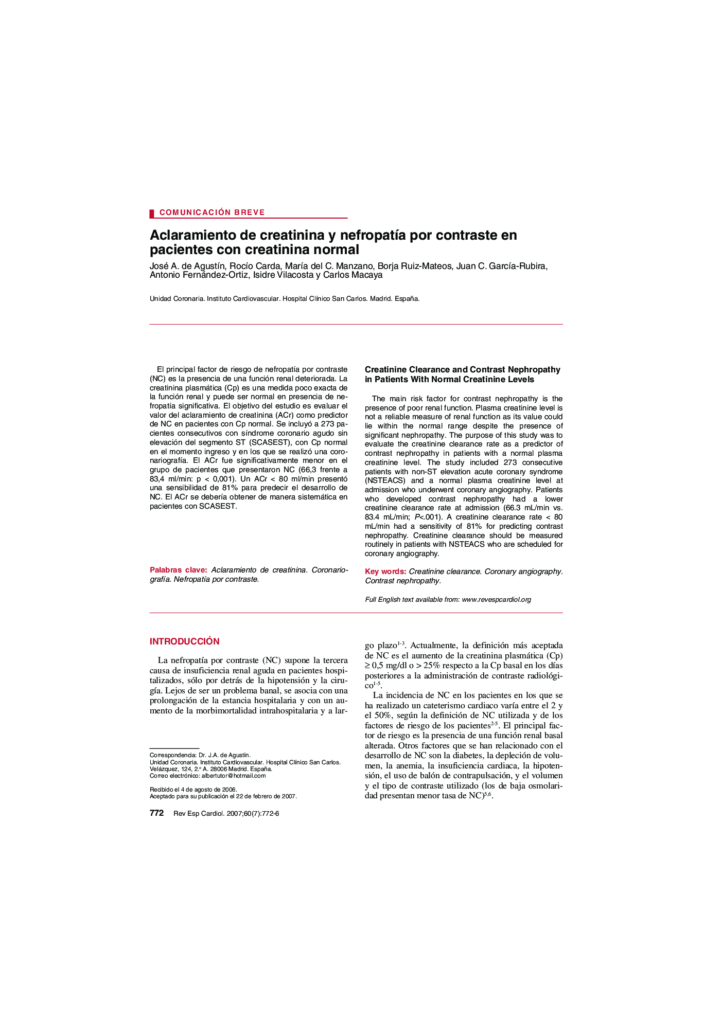 Aclaramiento de creatinina y nefropatÃ­a por contraste en pacientes con creatinina normal