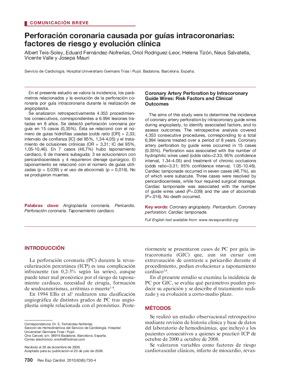 Perforación coronaria causada por guÃ­as intracoronarias: factores de riesgo y evolución clÃ­nica
