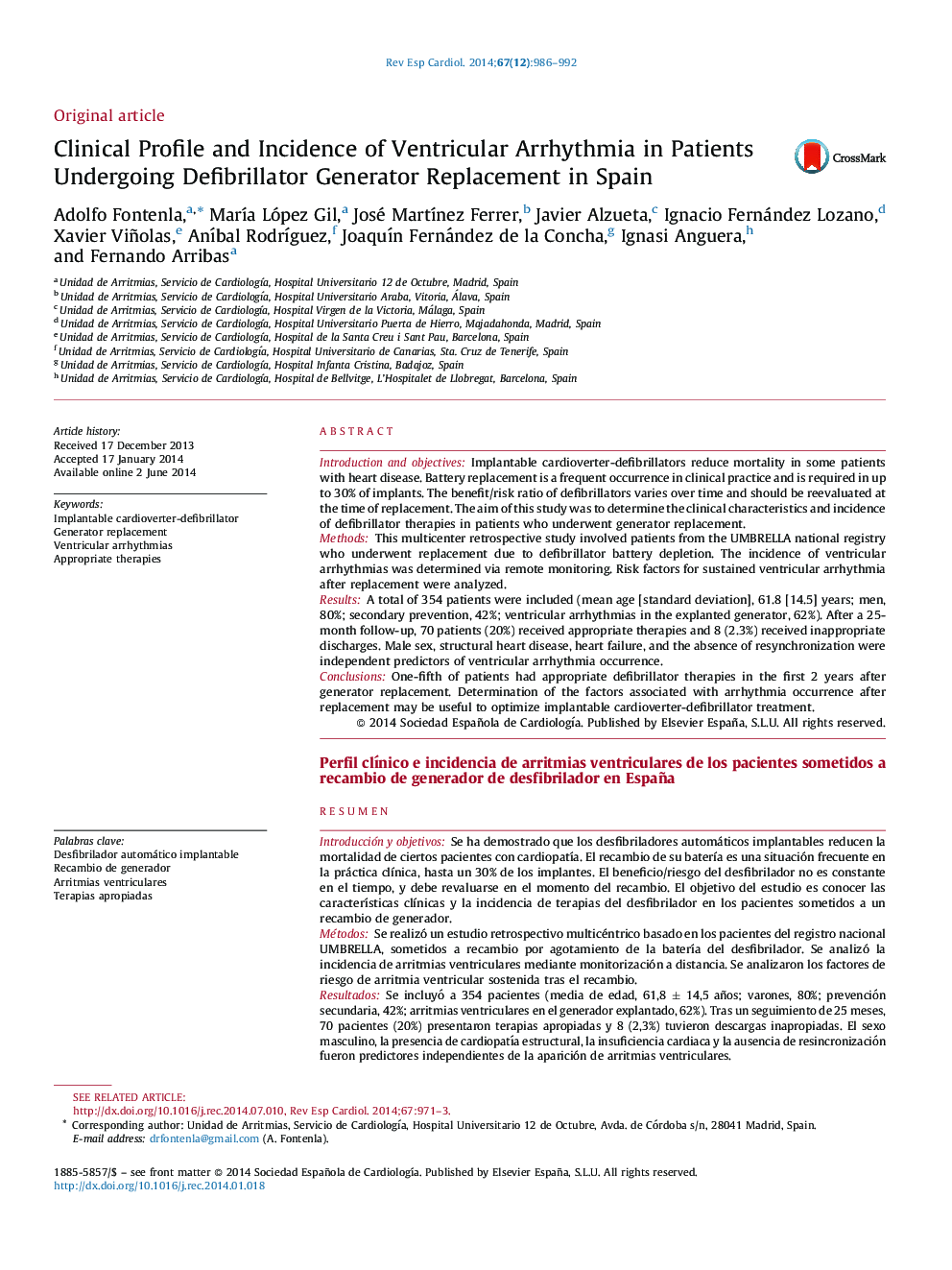 مشخصات بالینی و بروز آریتمی بطنی در بیماران مبتلا به جایگزینی ژنراتور دفیبریلاتور در اسپانیا 