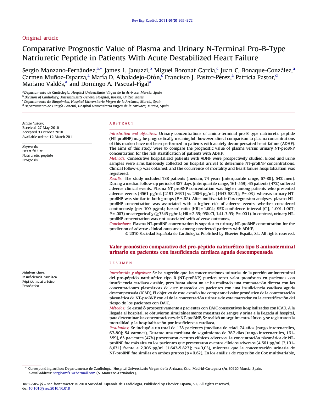 Comparative Prognostic Value of Plasma and Urinary N-Terminal Pro-B-Type Natriuretic Peptide in Patients With Acute Destabilized Heart Failure
