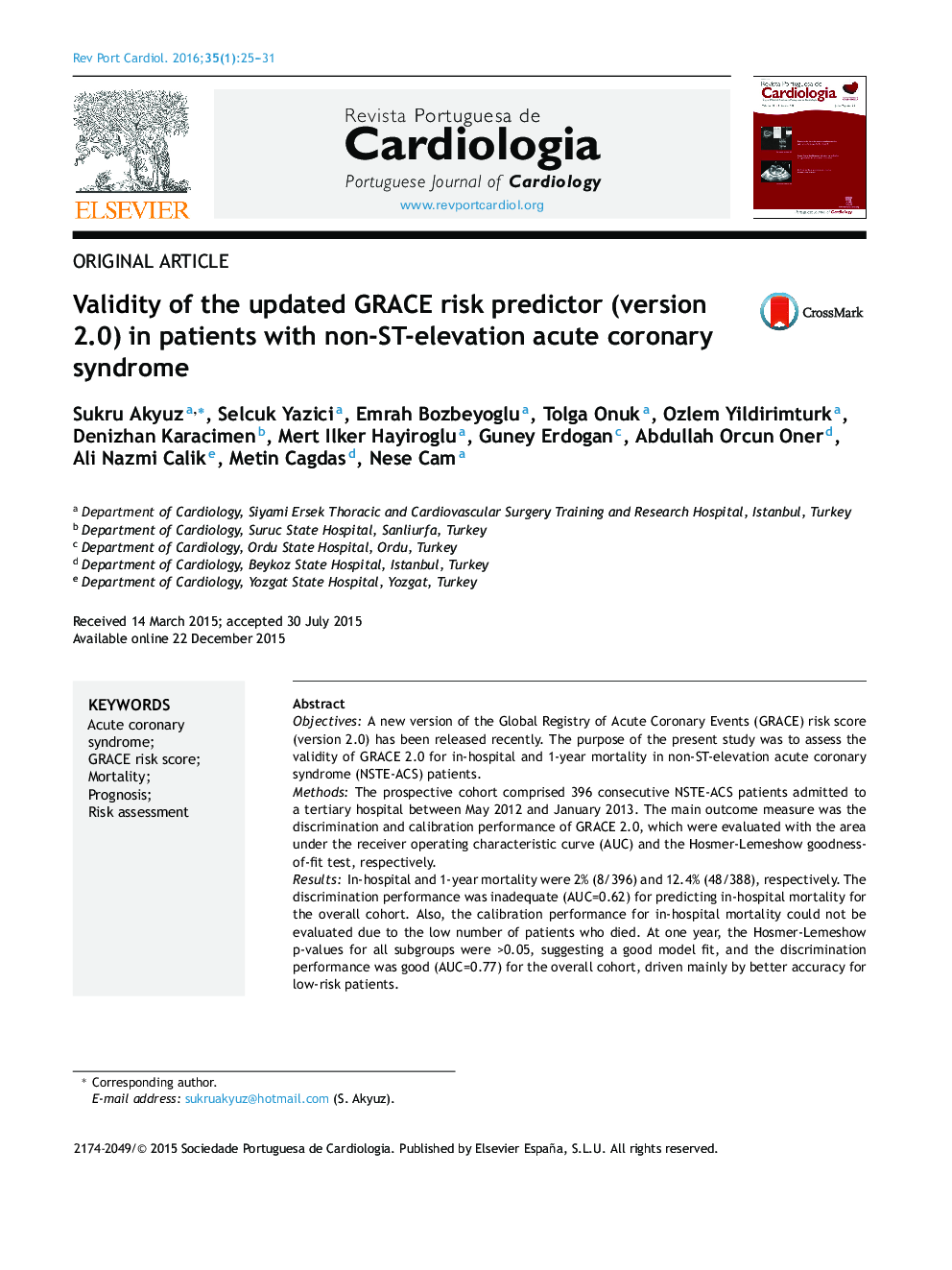 Validity of the updated GRACE risk predictor (version 2.0) in patients with non-ST-elevation acute coronary syndrome