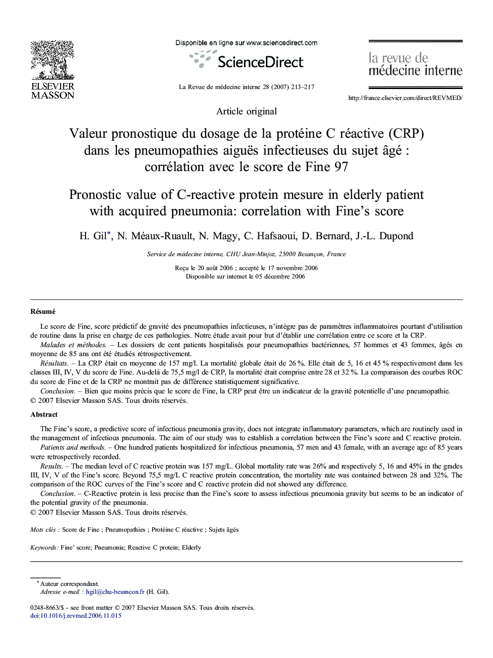 Valeur pronostique du dosage de la protéine C réactive (CRP) dans les pneumopathies aiguës infectieuses du sujet âgé : corrélation avec le score de Fine 97