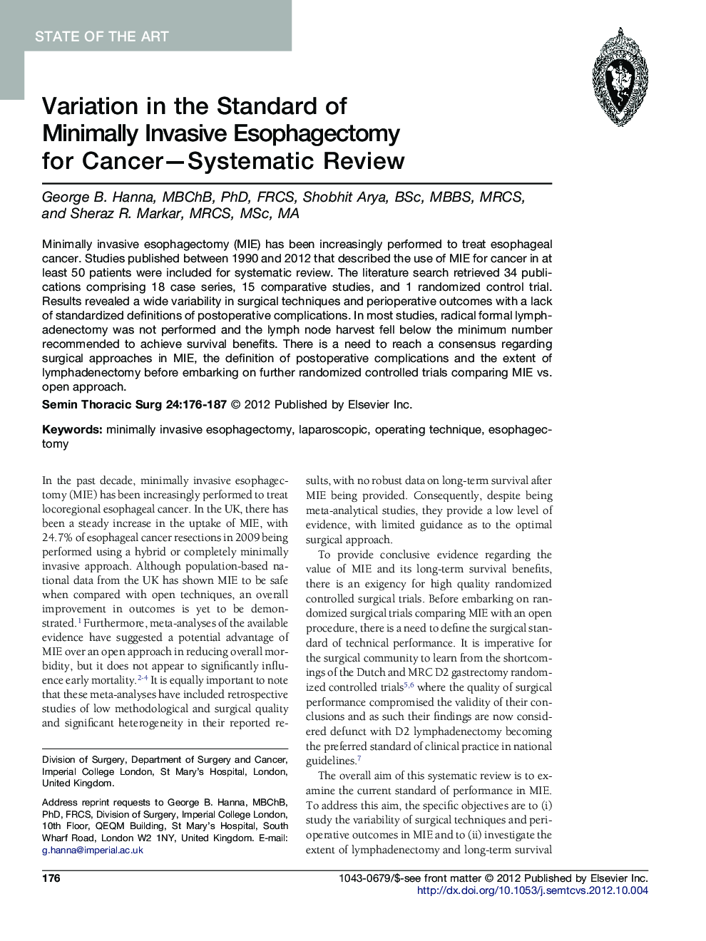 Variation in the Standard of Minimally Invasive Esophagectomy for Cancer—Systematic Review