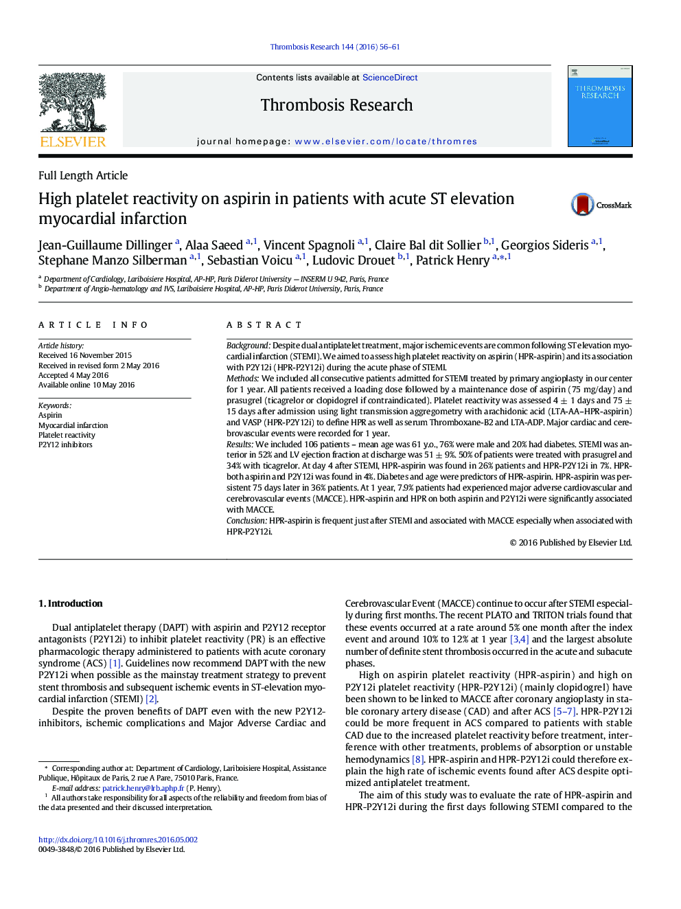 High platelet reactivity on aspirin in patients with acute ST elevation myocardial infarction