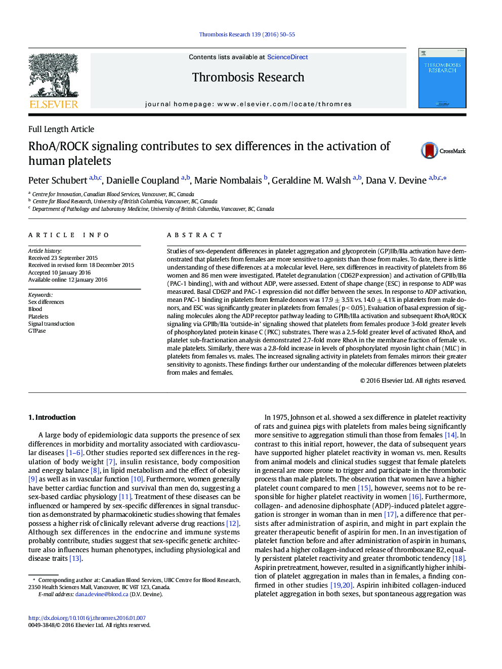 RhoA/ROCK signaling contributes to sex differences in the activation of human platelets