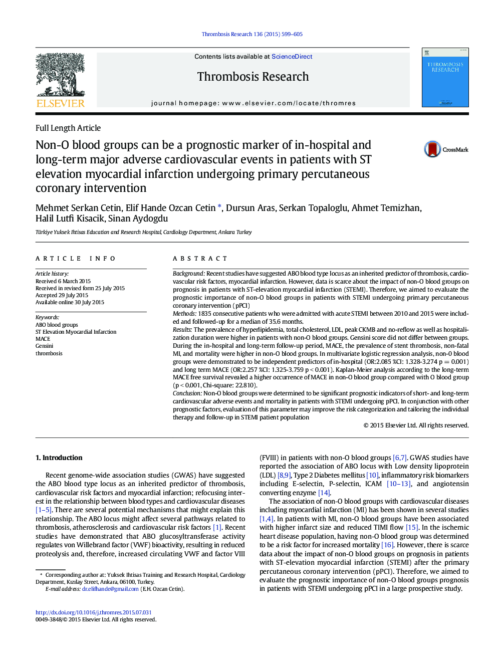 Non-O blood groups can be a prognostic marker of in-hospital and long-term major adverse cardiovascular events in patients with ST elevation myocardial infarction undergoing primary percutaneous coronary intervention