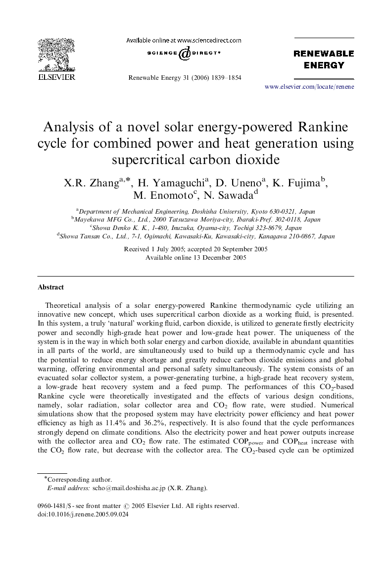 Analysis of a novel solar energy-powered Rankine cycle for combined power and heat generation using supercritical carbon dioxide