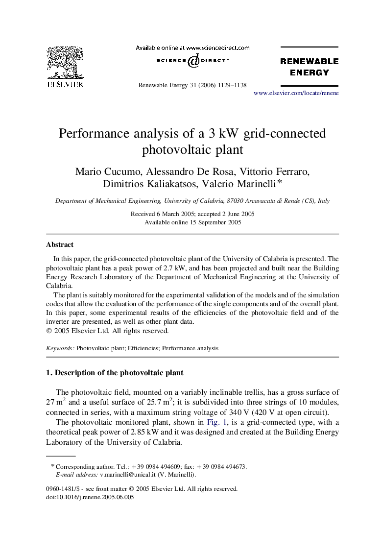 Performance analysis of a 3 kW grid-connected photovoltaic plant