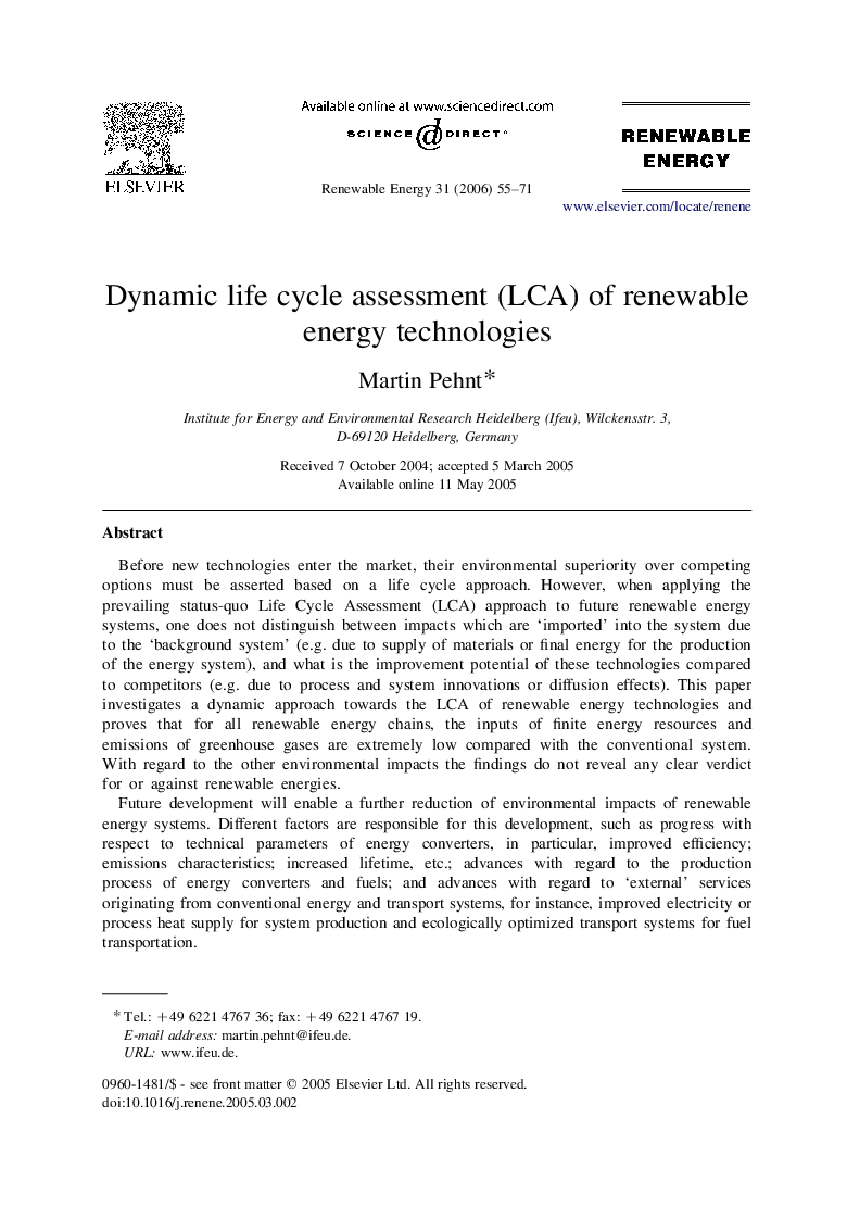 Dynamic life cycle assessment (LCA) of renewable energy technologies