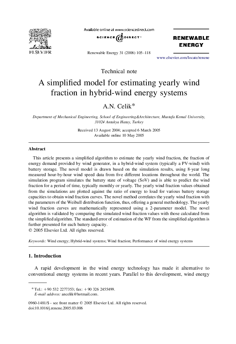 A simplified model for estimating yearly wind fraction in hybrid-wind energy systems