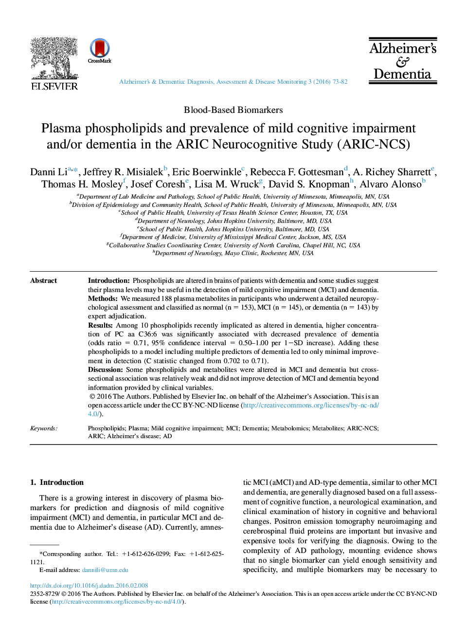 Plasma phospholipids and prevalence of mild cognitive impairment and/or dementia in the ARIC Neurocognitive Study (ARIC-NCS)