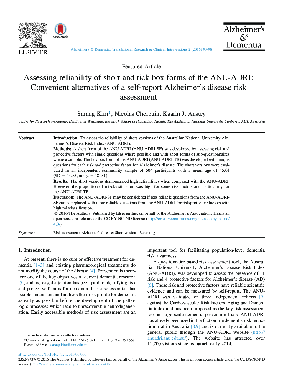 ارزیابی قابلیت اطمینان فرم های جعبه کوتاه و تیک ANU-ADRI: گزینه های مناسب از ارزیابی ریسک بیماری آلزایمر خودگزارشی