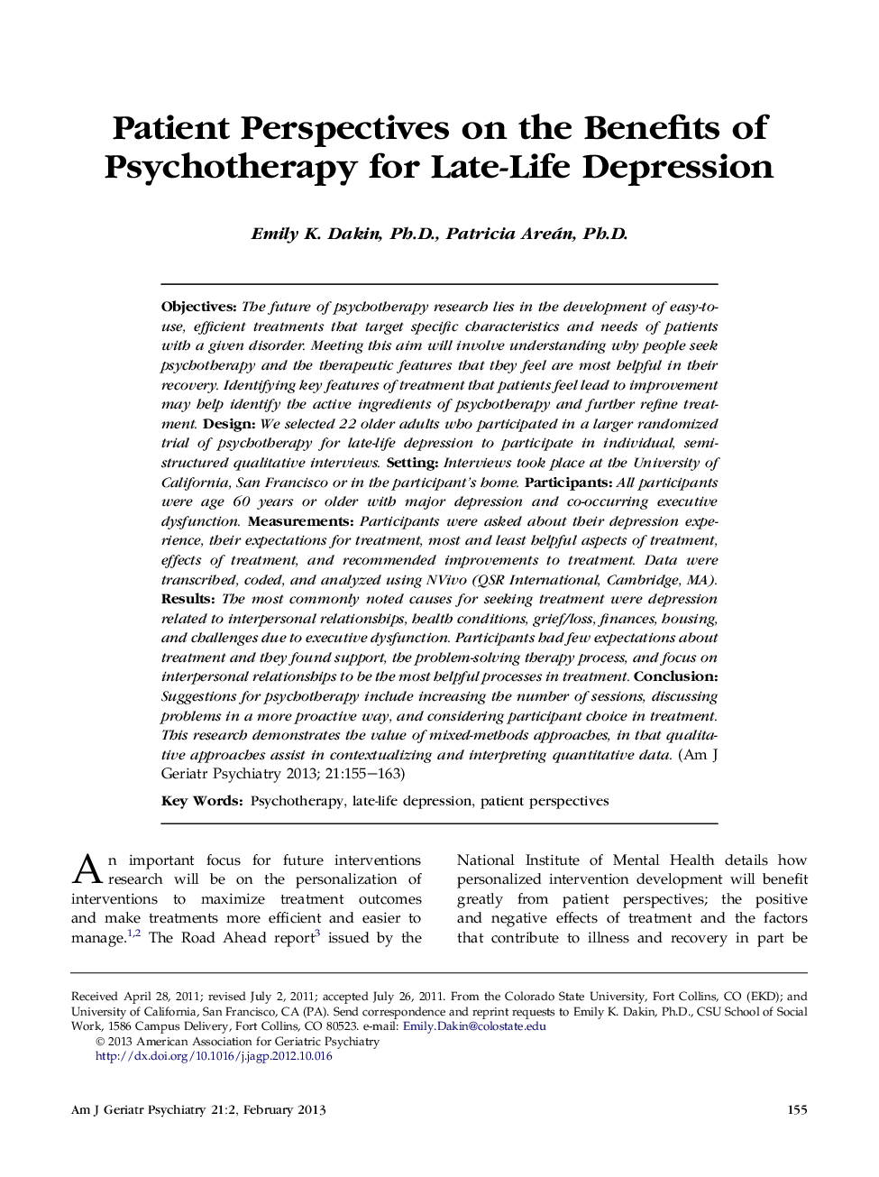 Patient Perspectives on the Benefits of Psychotherapy for Late-Life Depression