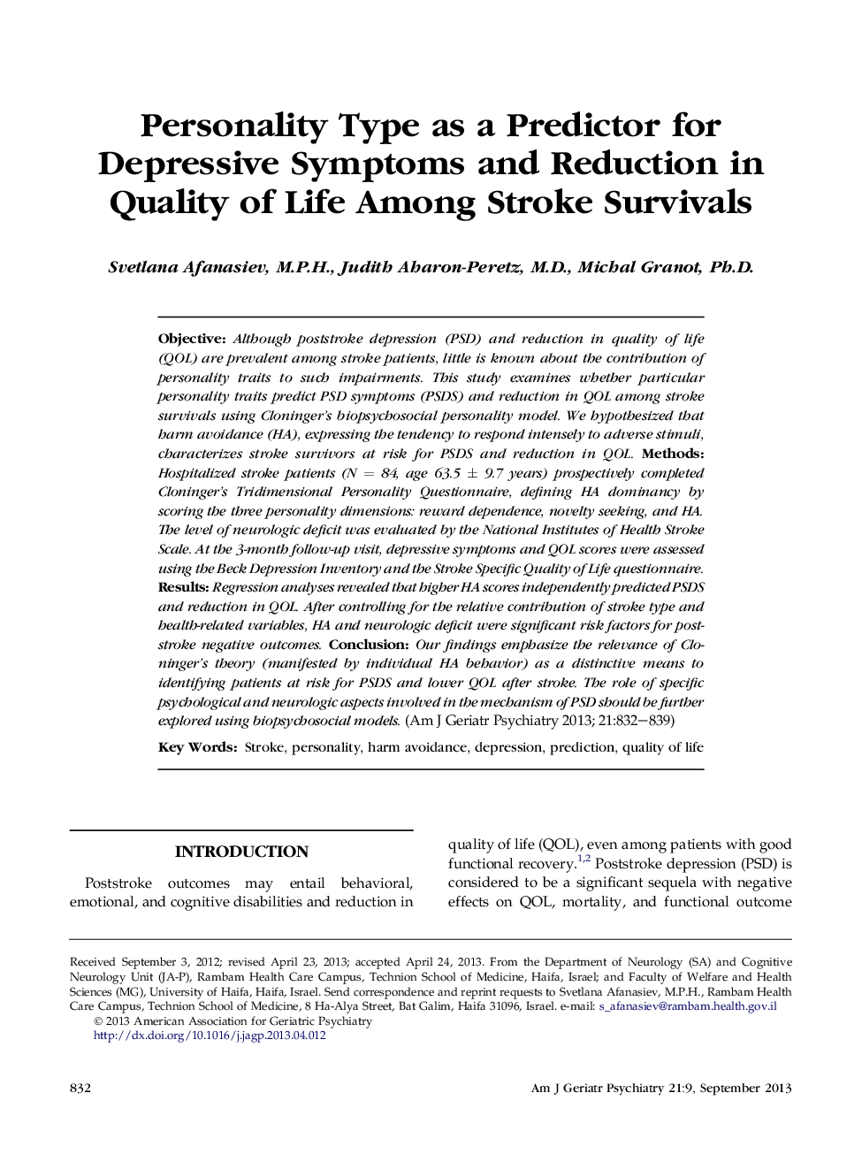 Personality Type as a Predictor for Depressive Symptoms and Reduction in Quality of Life Among Stroke Survivals