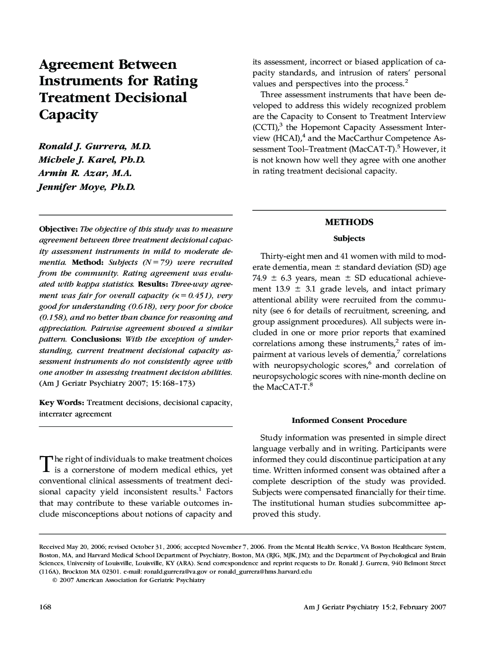 Agreement Between Instruments for Rating Treatment Decisional Capacity