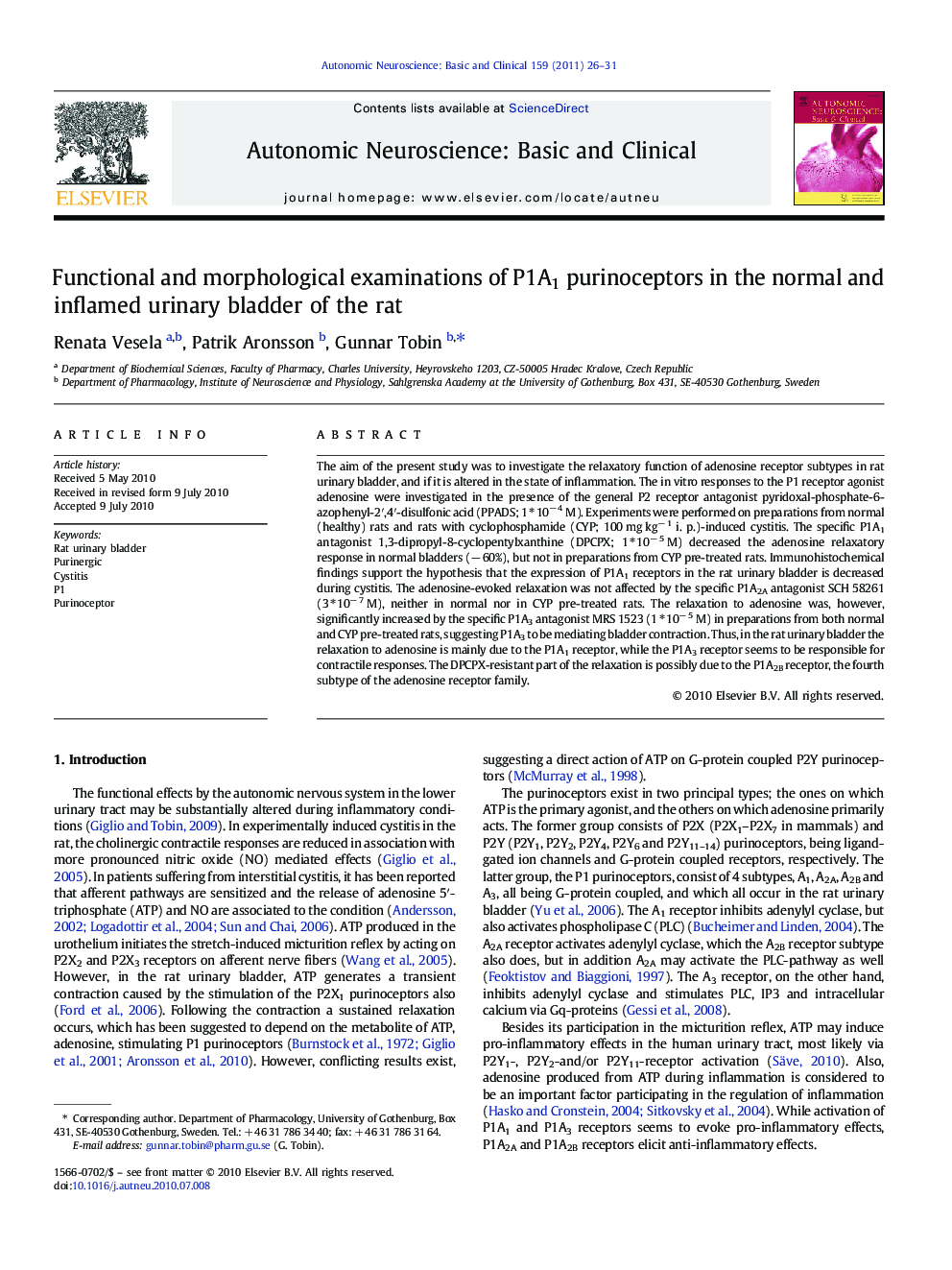 Functional and morphological examinations of P1A1 purinoceptors in the normal and inflamed urinary bladder of the rat