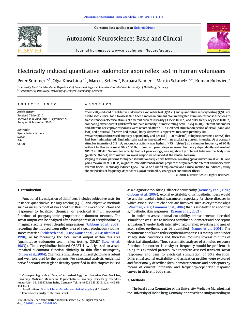 Electrically induced quantitative sudomotor axon reflex test in human volunteers