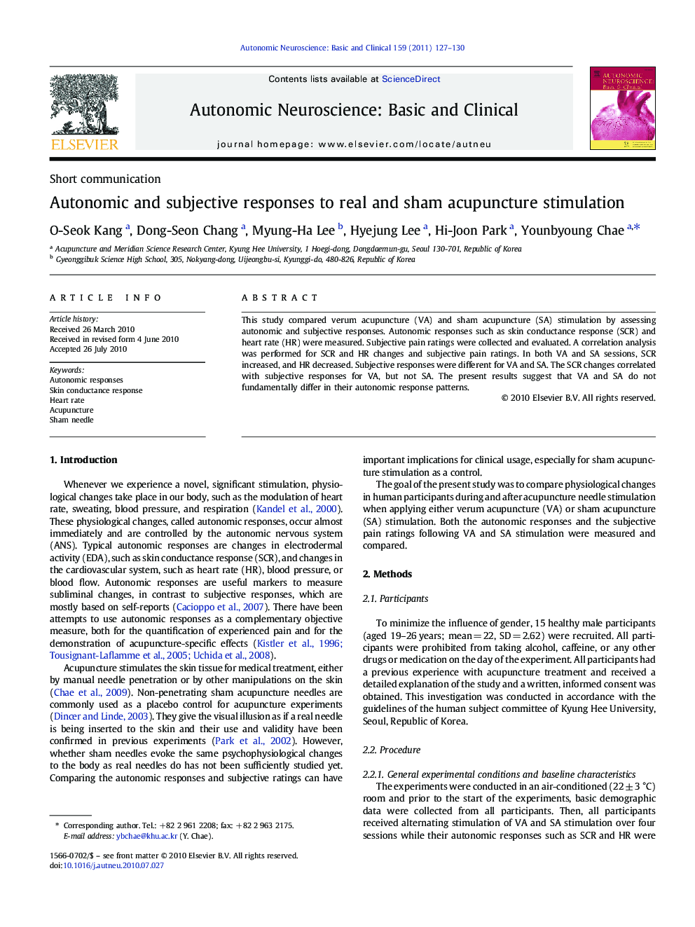 Autonomic and subjective responses to real and sham acupuncture stimulation
