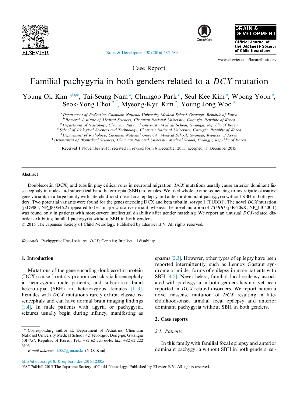 pachygyria خانوادگی در هر دو جنس مربوط به یک جهش DCX