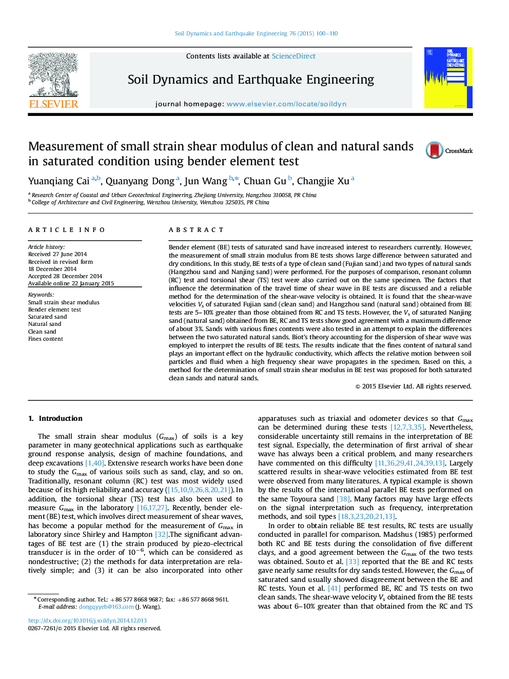 Measurement of small strain shear modulus of clean and natural sands in saturated condition using bender element test