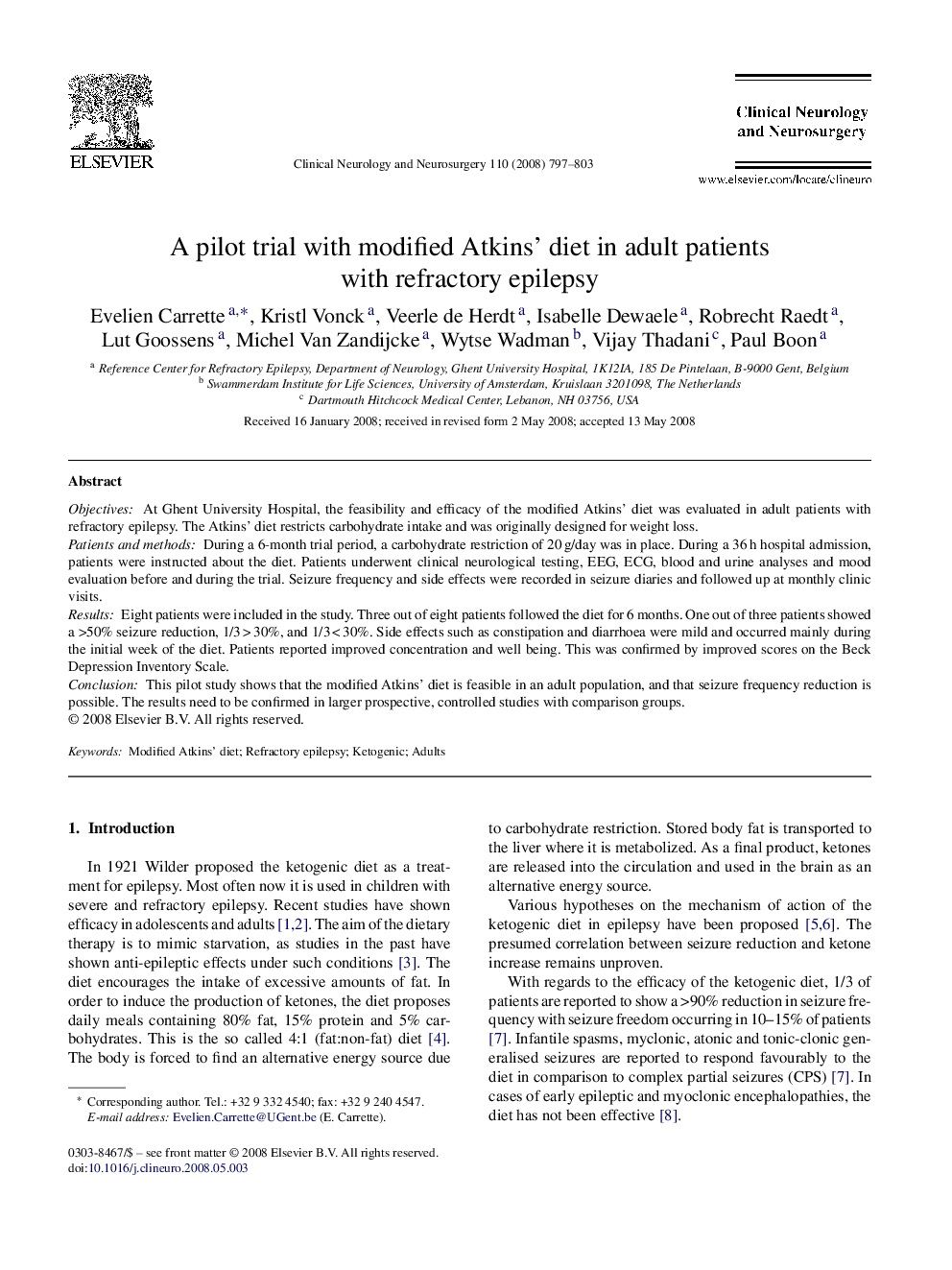 A pilot trial with modified Atkins’ diet in adult patients with refractory epilepsy