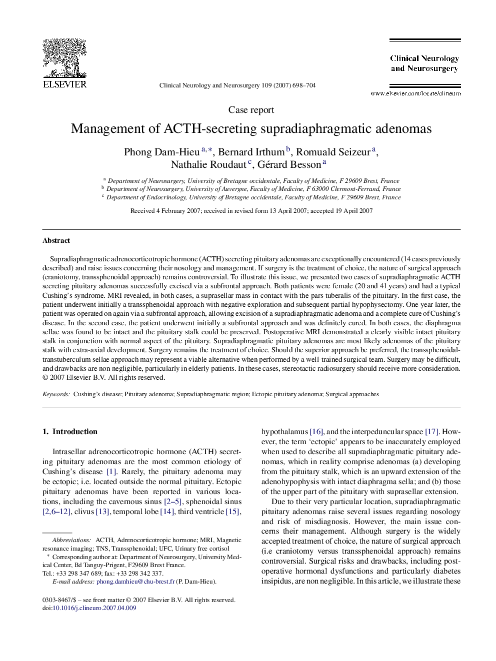 Management of ACTH-secreting supradiaphragmatic adenomas
