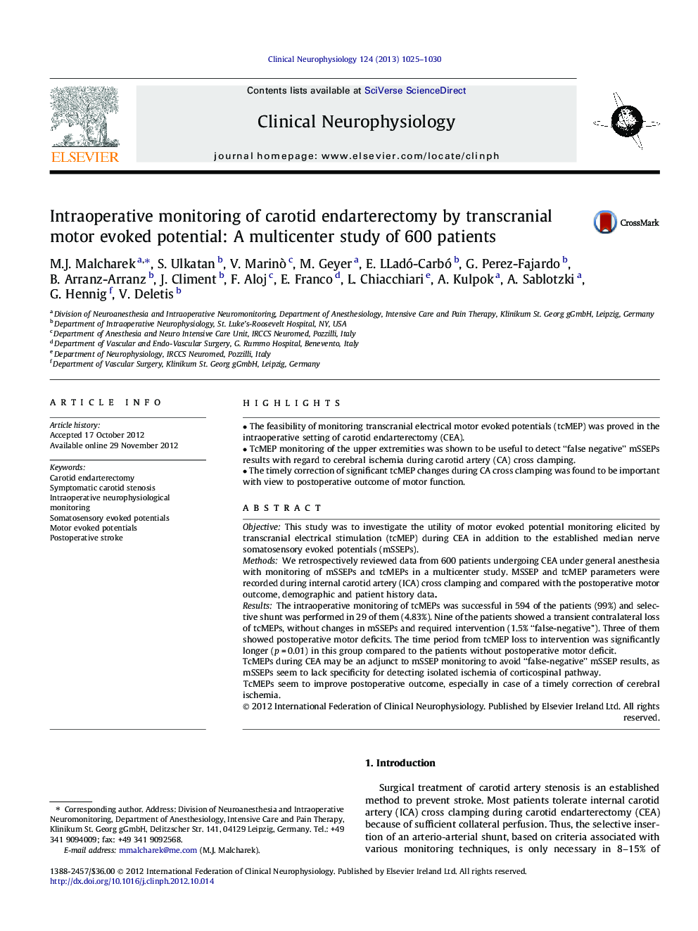 Intraoperative monitoring of carotid endarterectomy by transcranial motor evoked potential: A multicenter study of 600 patients