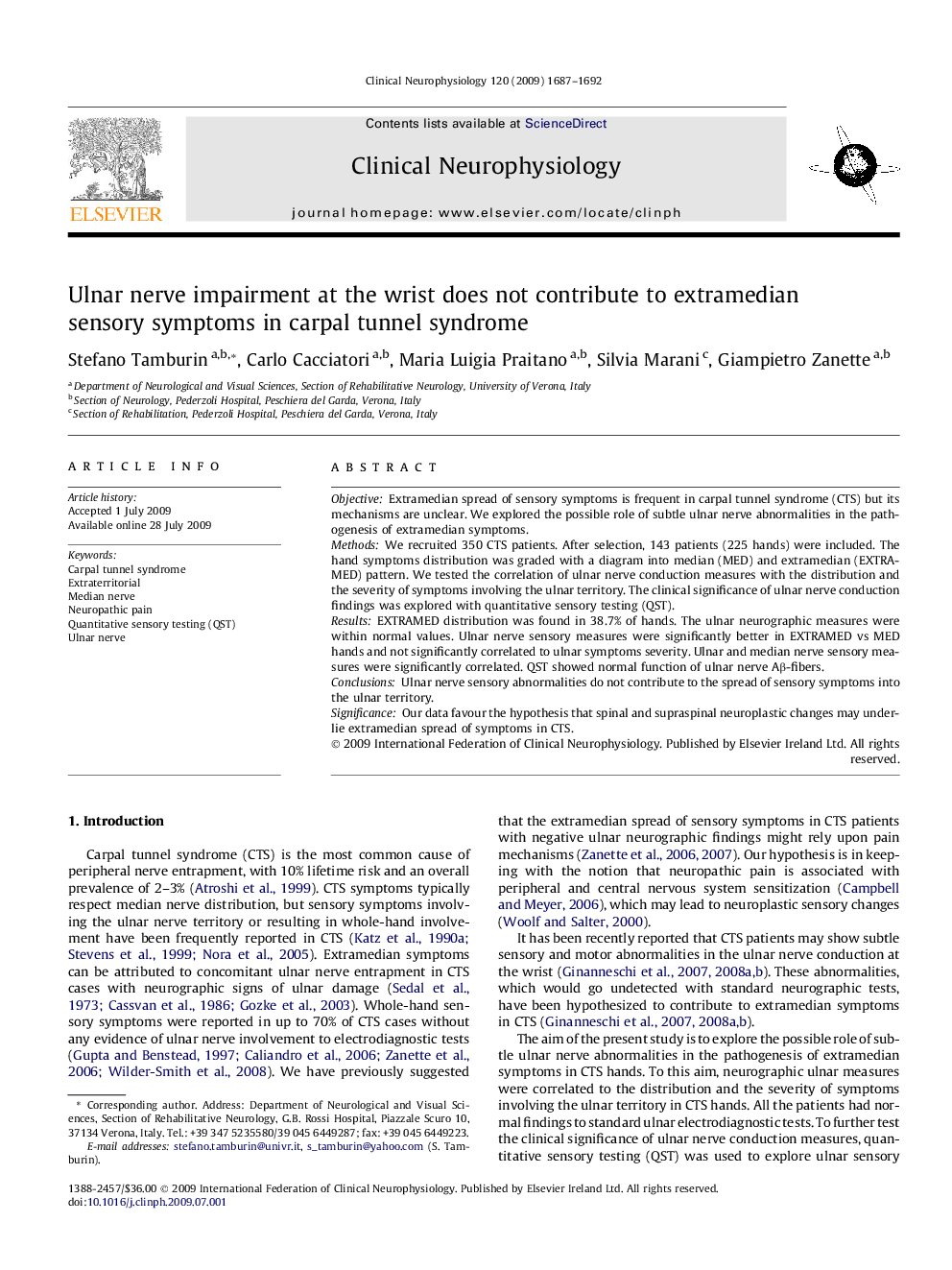 Ulnar nerve impairment at the wrist does not contribute to extramedian sensory symptoms in carpal tunnel syndrome