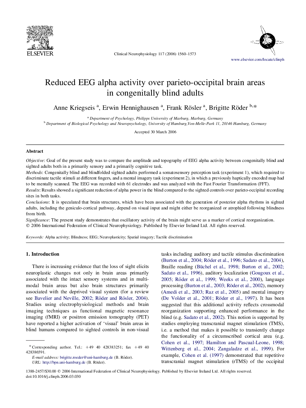 Reduced EEG alpha activity over parieto-occipital brain areas in congenitally blind adults