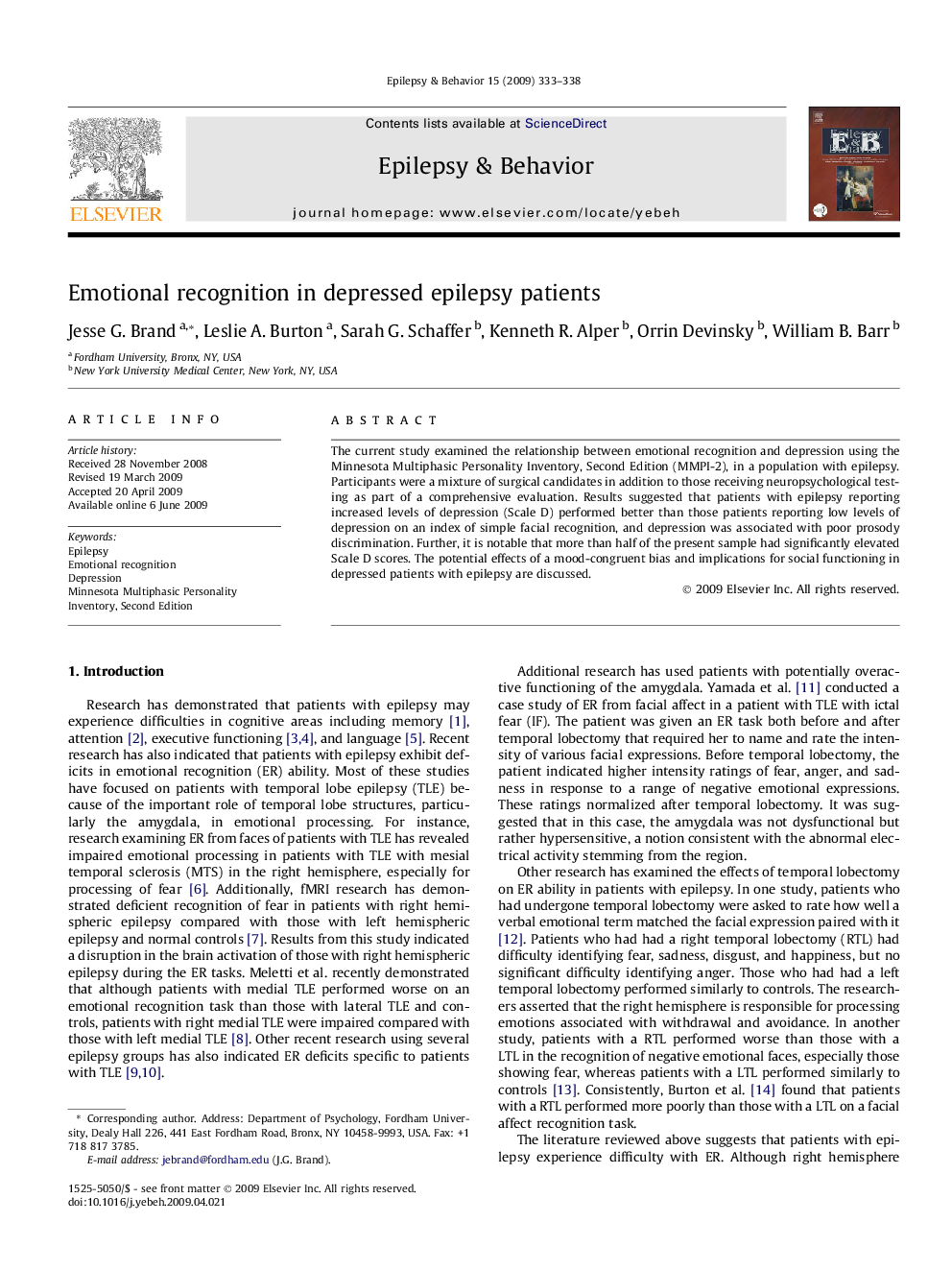 Emotional recognition in depressed epilepsy patients