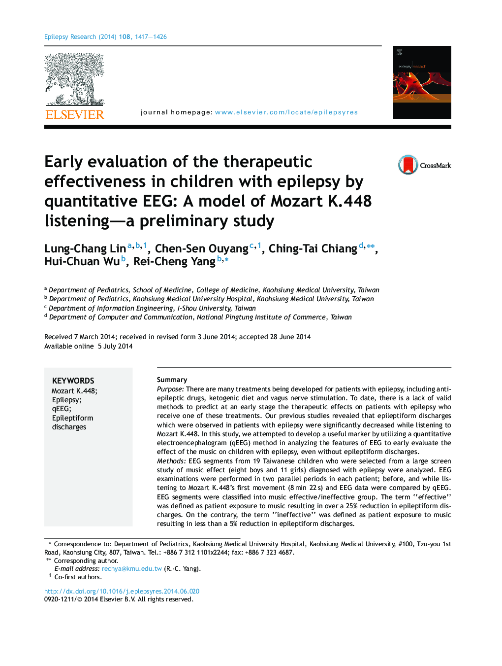 Early evaluation of the therapeutic effectiveness in children with epilepsy by quantitative EEG: A model of Mozart K.448 listening—a preliminary study