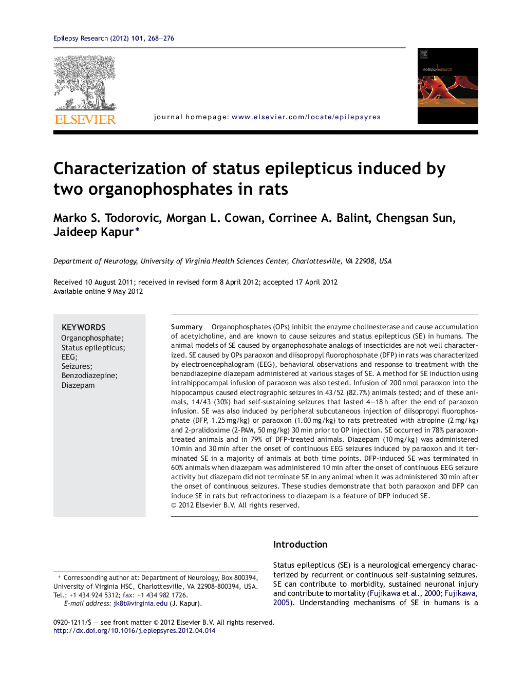 Characterization of status epilepticus induced by two organophosphates in rats