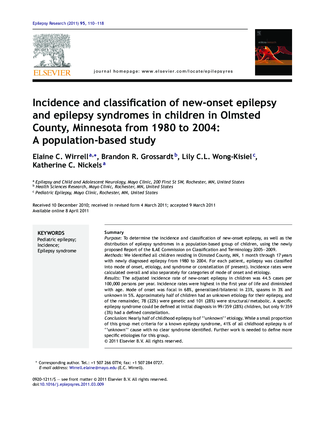 Incidence and classification of new-onset epilepsy and epilepsy syndromes in children in Olmsted County, Minnesota from 1980 to 2004: A population-based study