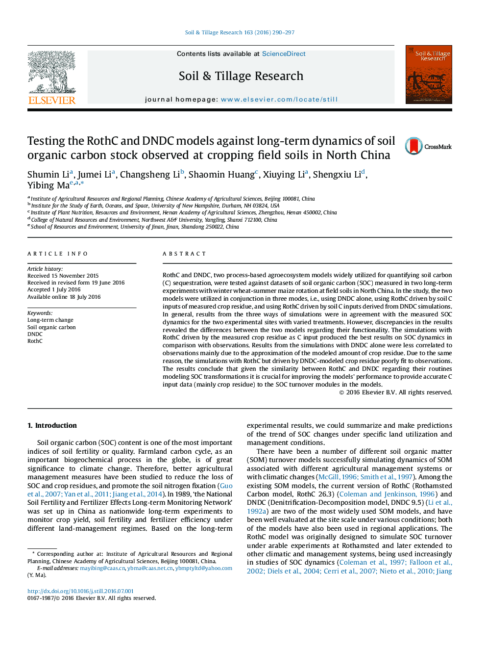 Testing the RothC and DNDC models against long-term dynamics of soil organic carbon stock observed at cropping field soils in North China