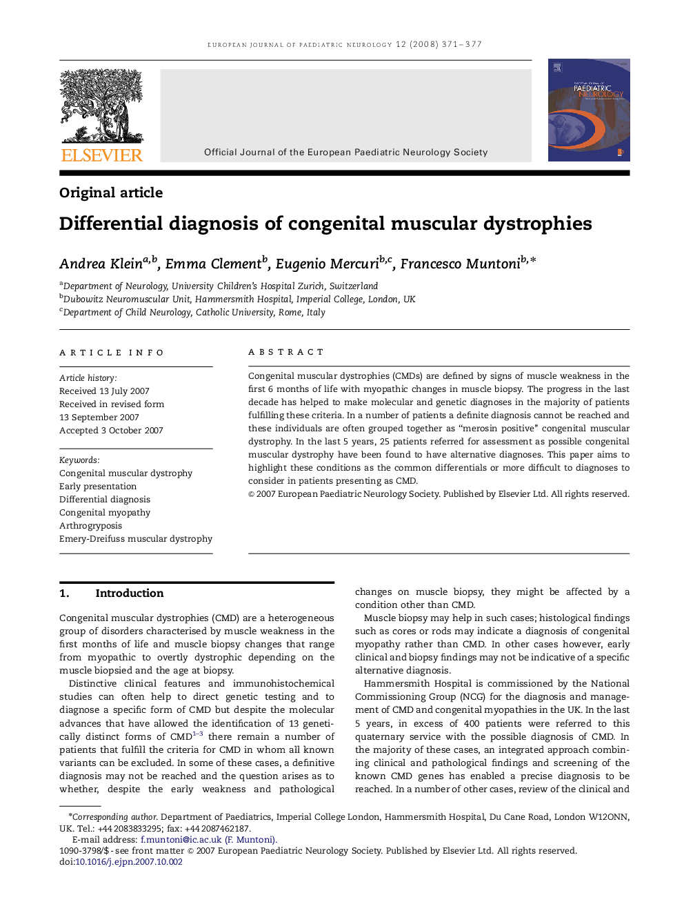 Differential diagnosis of congenital muscular dystrophies