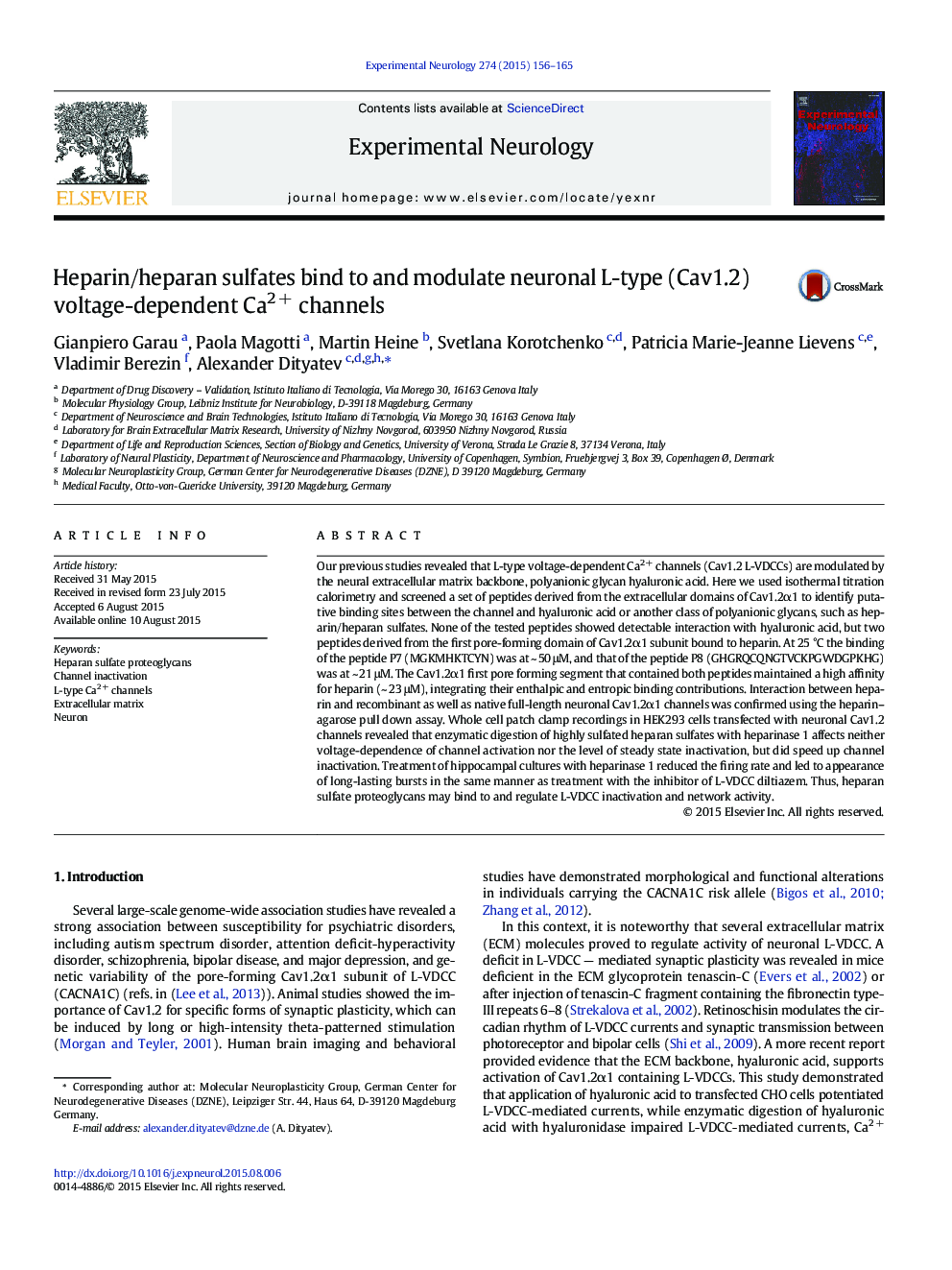 Heparin/heparan sulfates bind to and modulate neuronal L-type (Cav1.2) voltage-dependent Ca2 + channels