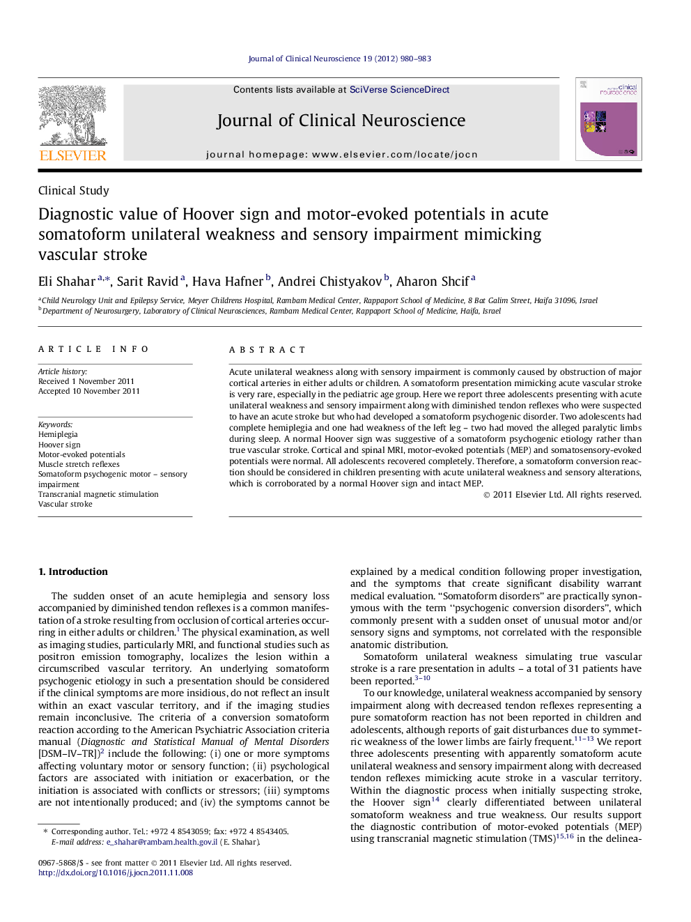 Diagnostic value of Hoover sign and motor-evoked potentials in acute somatoform unilateral weakness and sensory impairment mimicking vascular stroke