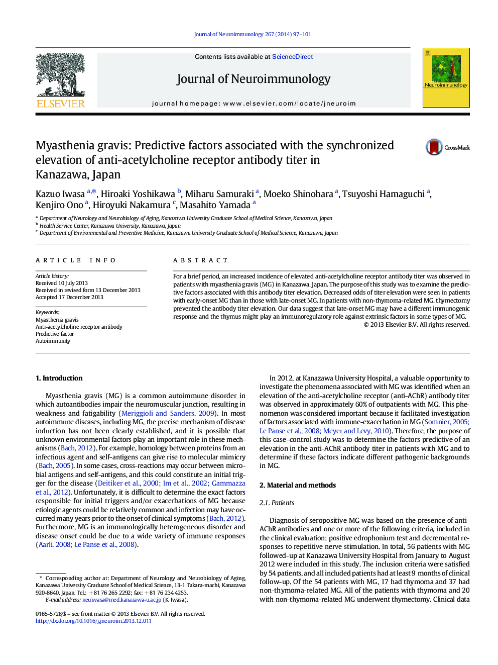 Myasthenia gravis: Predictive factors associated with the synchronized elevation of anti-acetylcholine receptor antibody titer in Kanazawa, Japan