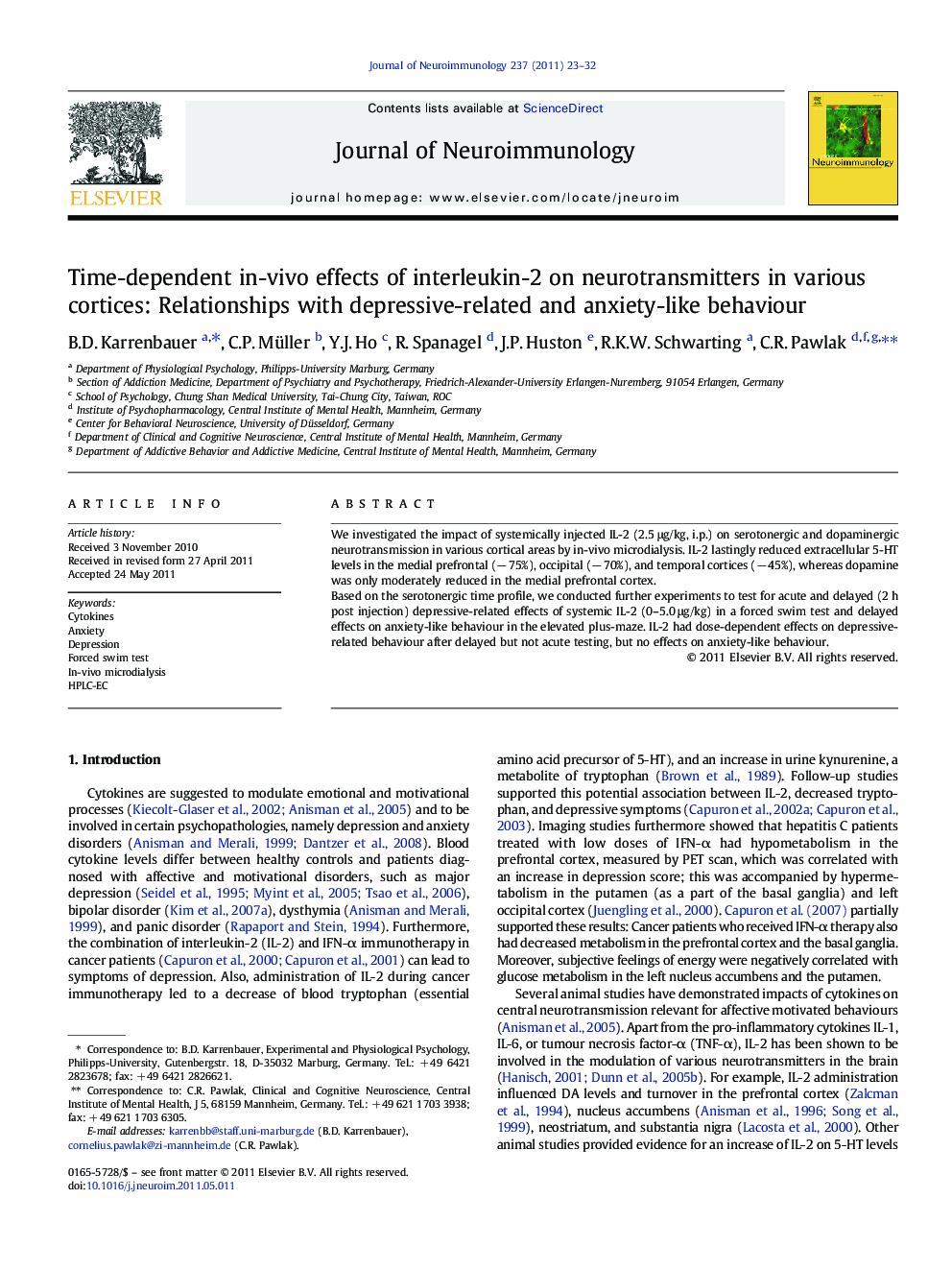 Time-dependent in-vivo effects of interleukin-2 on neurotransmitters in various cortices: Relationships with depressive-related and anxiety-like behaviour