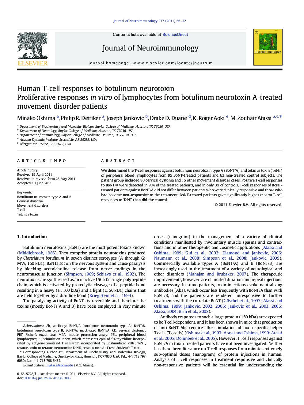 Human T-cell responses to botulinum neurotoxin: Proliferative responses in vitro of lymphocytes from botulinum neurotoxin A-treated movement disorder patients