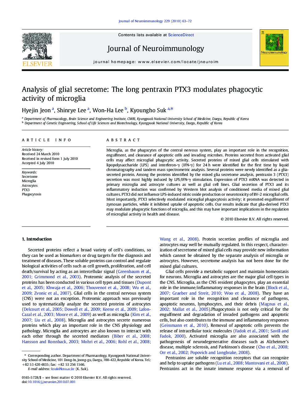 Analysis of glial secretome: The long pentraxin PTX3 modulates phagocytic activity of microglia