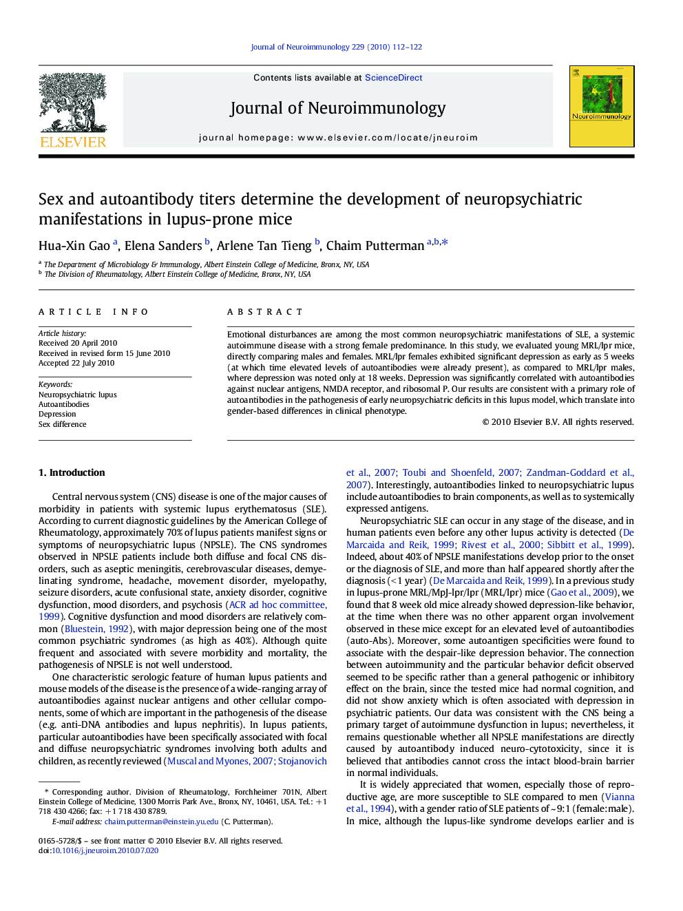 Sex and autoantibody titers determine the development of neuropsychiatric manifestations in lupus-prone mice