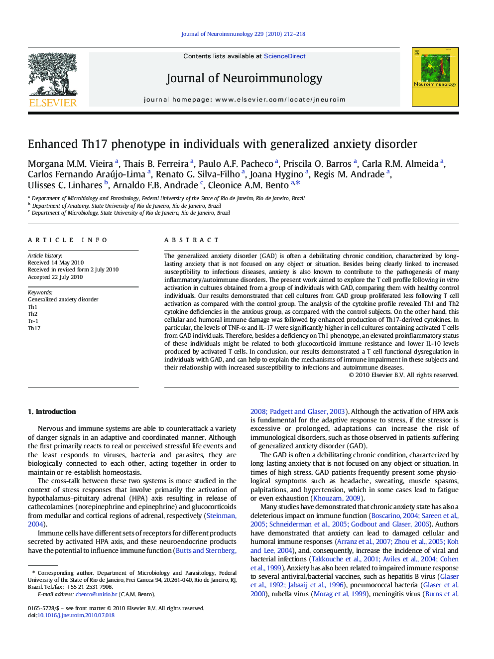 Enhanced Th17 phenotype in individuals with generalized anxiety disorder