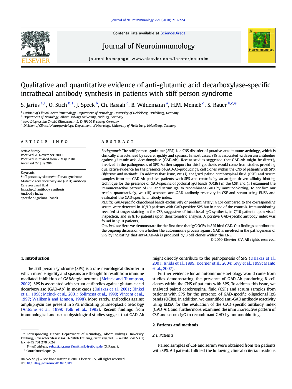 Qualitative and quantitative evidence of anti-glutamic acid decarboxylase-specific intrathecal antibody synthesis in patients with stiff person syndrome