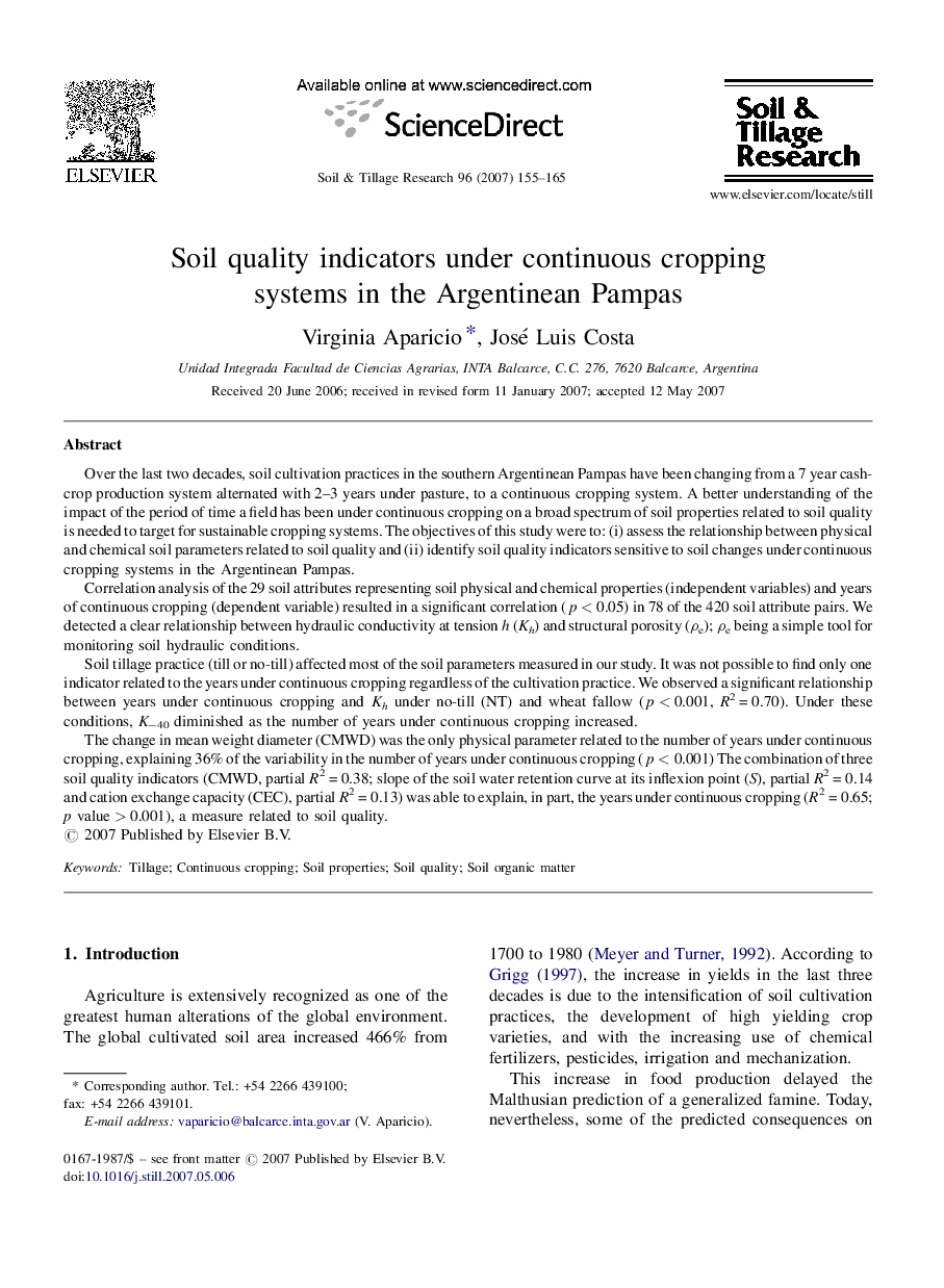 Soil quality indicators under continuous cropping systems in the Argentinean Pampas