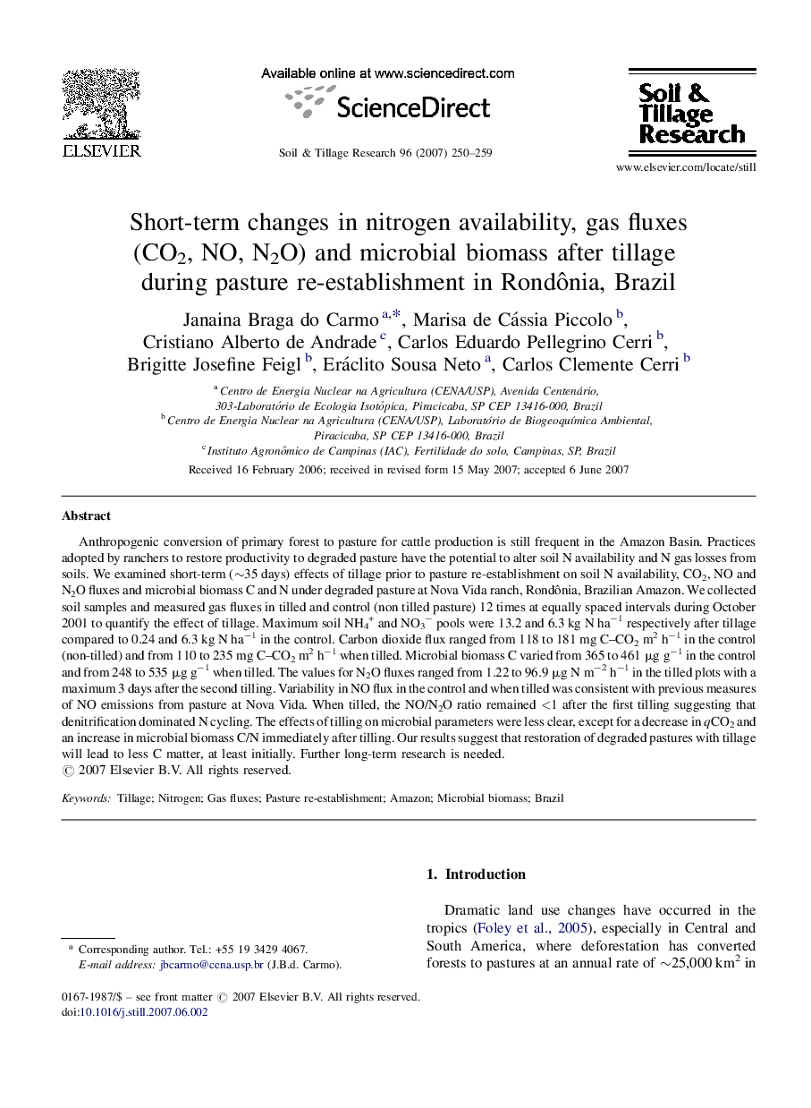 Short-term changes in nitrogen availability, gas fluxes (CO2, NO, N2O) and microbial biomass after tillage during pasture re-establishment in Rondônia, Brazil